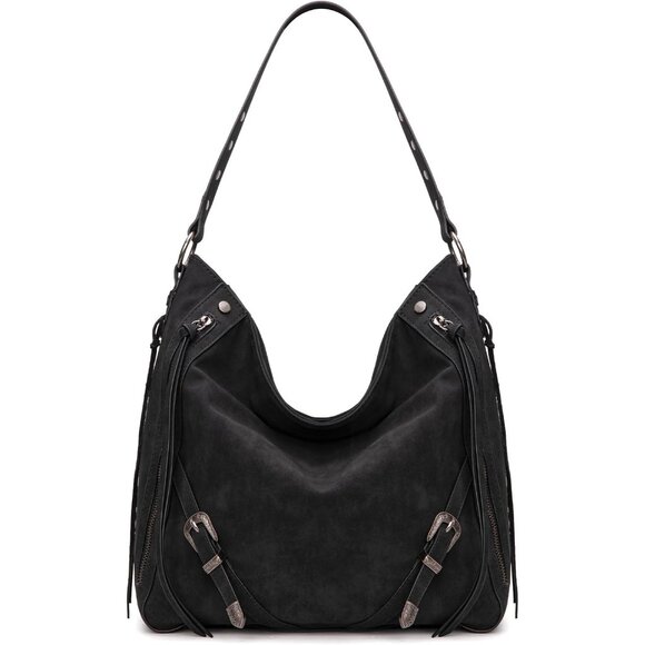 Elegant Wrangler Large Black Hobo Bag with Buckle Detail & Quick-Access Pockets - Picture 1 of 8